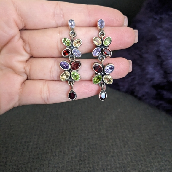 Sterling silver multigemstone floral earrings - Picture 1 of 2